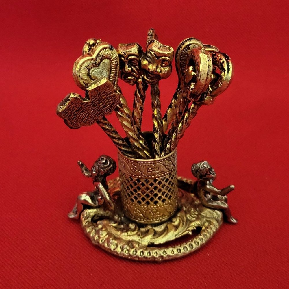 VTG Set of 8 Appetizer Picks Cherub Angel Holder Hors D’ Oeuvres Skewers Gold To